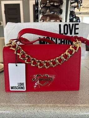 Love Moschino Red Shoulder Bag with Gold Heart Chain